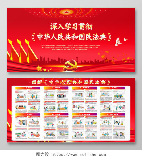 红色党建风深入学习贯彻中华人民共和国民法典宣传展板